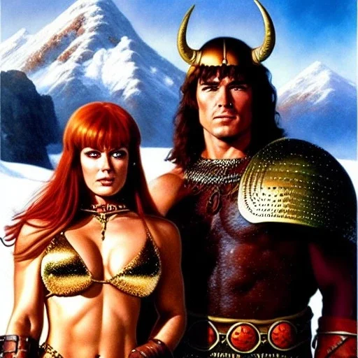 portrait of 'Conan and Red sonja',snow,mountains,horned helmet,ancient armor,painting by Earl Norem, simon Bisley,frazetta evan lee, Vallejo,kelly oil on canvas, cinematic composition, extreme detail,fit full head inside picture,8k