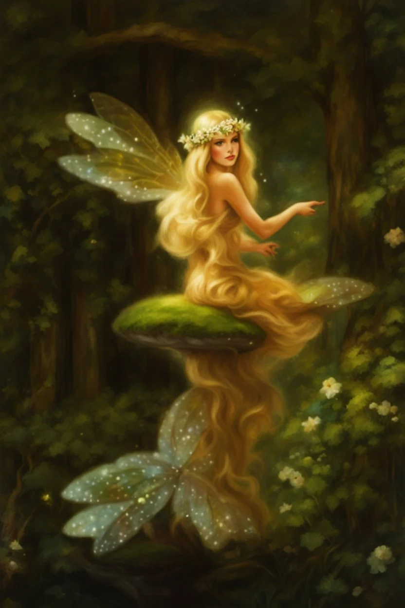 Fairy Princess, long blonde hair,long golden hair, Fairy crown ,fairy, fairy wings, flower crown,mushroom,sparkle,,Lilly of the valleys