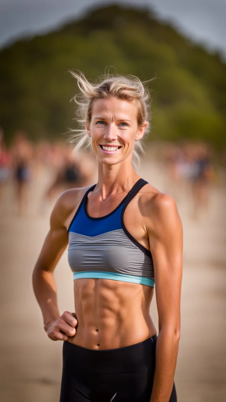 anorexic beautiful woman, age 21, total shot, grey capri leggins, triathlon top, blonde surfer hair, blurred beach background