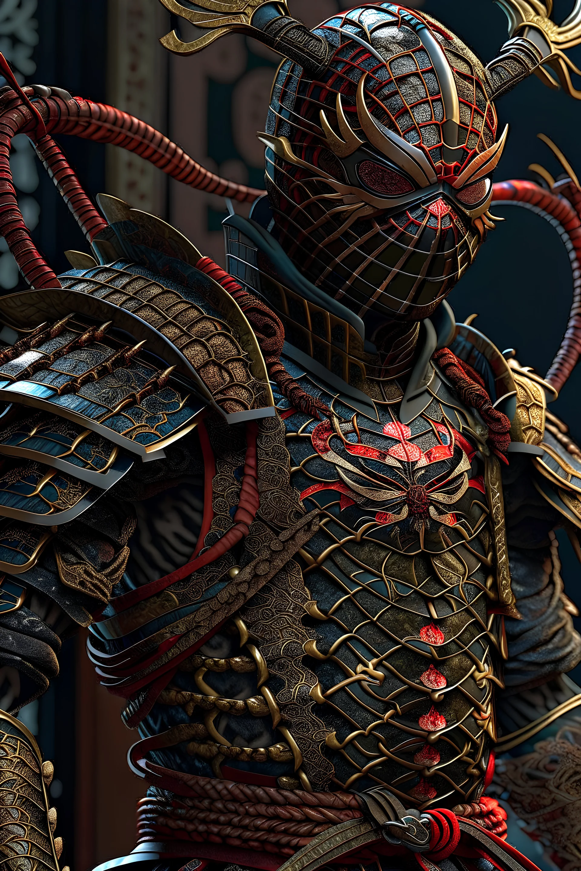 Fhoto full body, reality, Raw, spiderman as samurai x, digital art, intricate details, powerful composition, captivating, , trending on artstation, sharp focus, studio photo, intricate details, highly detailed, by addie_digi