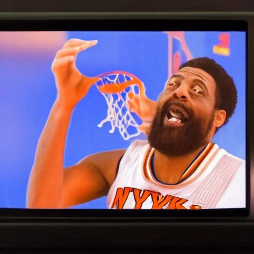 an ugly man watching the New York Knicks on a very small television