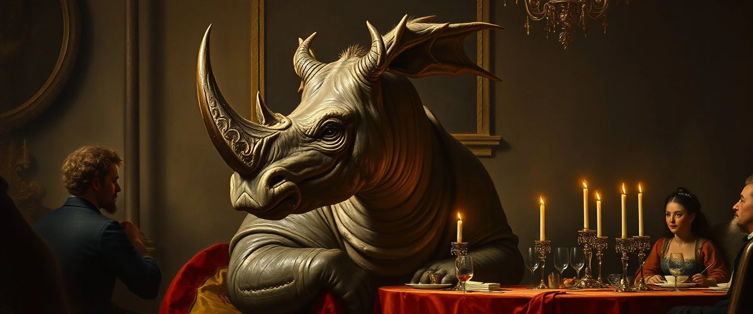 portrait painted by Rembrandt, stupid looking furry dragon rhino at banquet