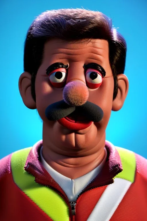 Waist up muppet Portrait, Nicolas maduro us muppet doll, Venezuelan president, tracksuit red blue and yellow, mustache, photo studio, red background, unreal engine 5, concept art, art station, ray tracing, lumen lighting, ultra detail, volumetric lighting, 3d.