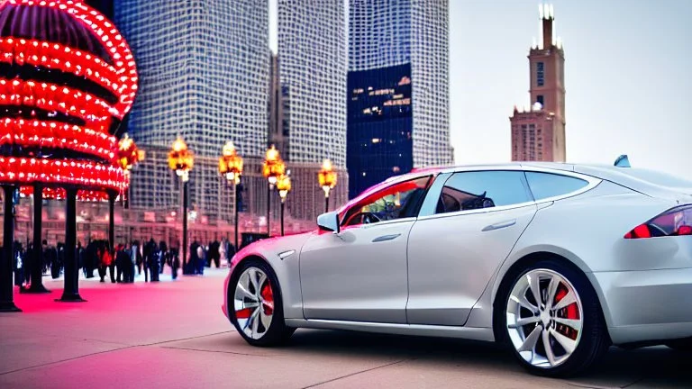 A Tesla's 'Model S Plaid' is doing donuts, on the Navy Pier, in Chicago. CINEMATIC. WIDE ANGLE LENS. PHOTO REAL.