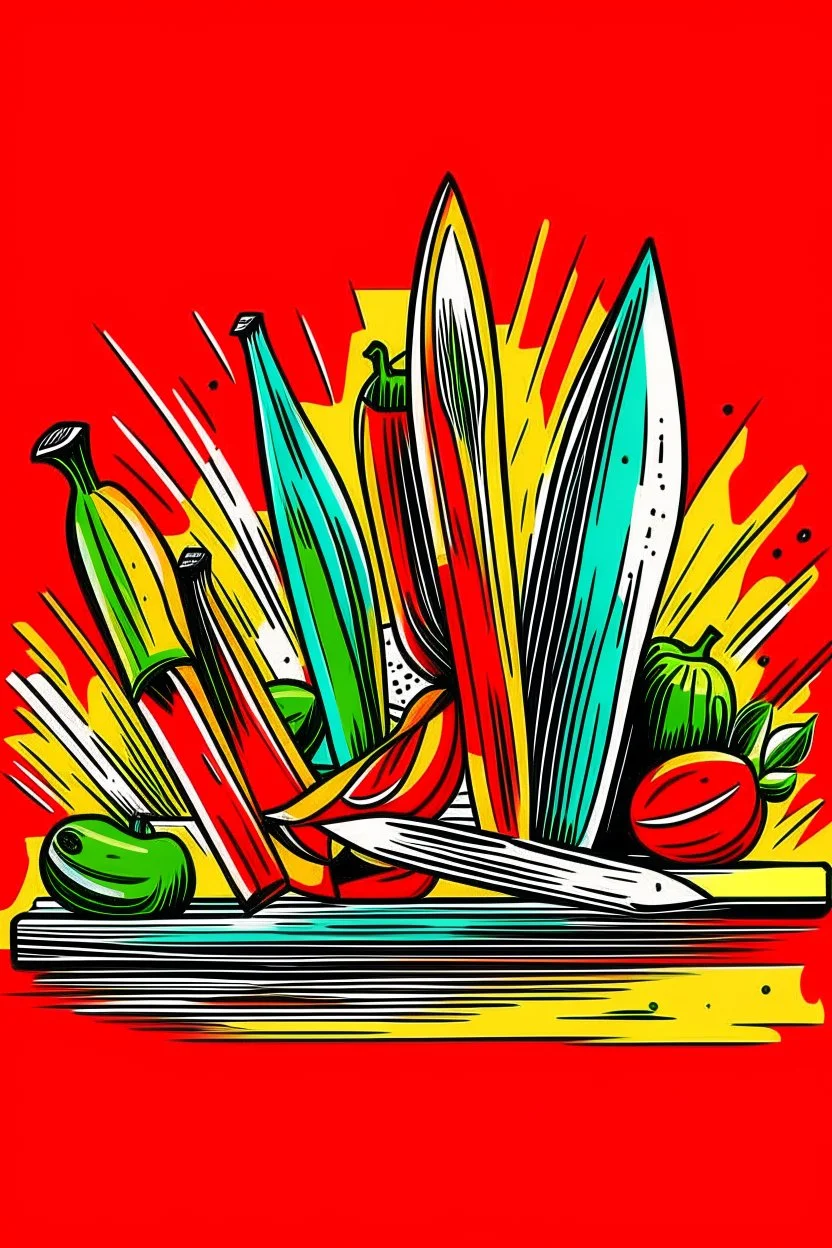 A close-up of a wooden cutting board with a variety of colorful kitchen knives. A bunch of fresh cherry tomatoes and a sprig of basil are scattered around. Style: Pop Art, Mood: Bold, Lighting: Bright, contrasting colors, T-shirt design graphic, vector, contour, white background.