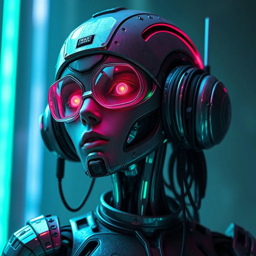 a robot from a dystopian future, cyberpunk aesthetic, worn with age, neon, feminine