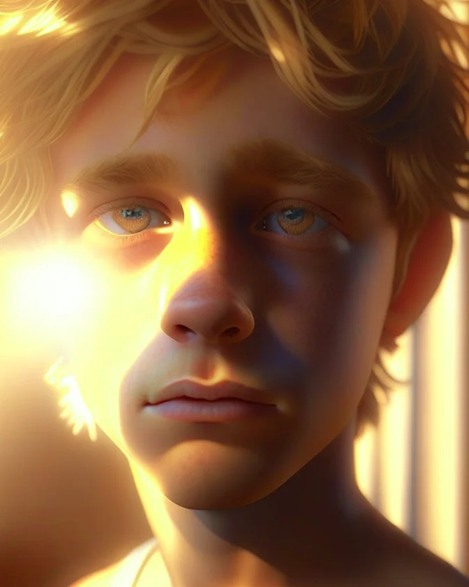 A realistic close up portrait of a cute teen boy with honey brown eyes and golden blond hair, innocent and thoughtful, gazing into the camera, a hint of facial hair, wearing sleeveless shirt, inside an empty room with warm glowing sunlight streaming in, detailed, high definition, 4K, 8K, quality render