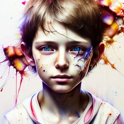 photorealistic boy, 11 years old, smiling, happy, brown eyes, brown hair, round face, white face, watercolor illustration by <agnes cecile> <Yoji Shinkawa>, natural tones, ornate and intricate detail , soft smooth lighting, soft pastel colors,