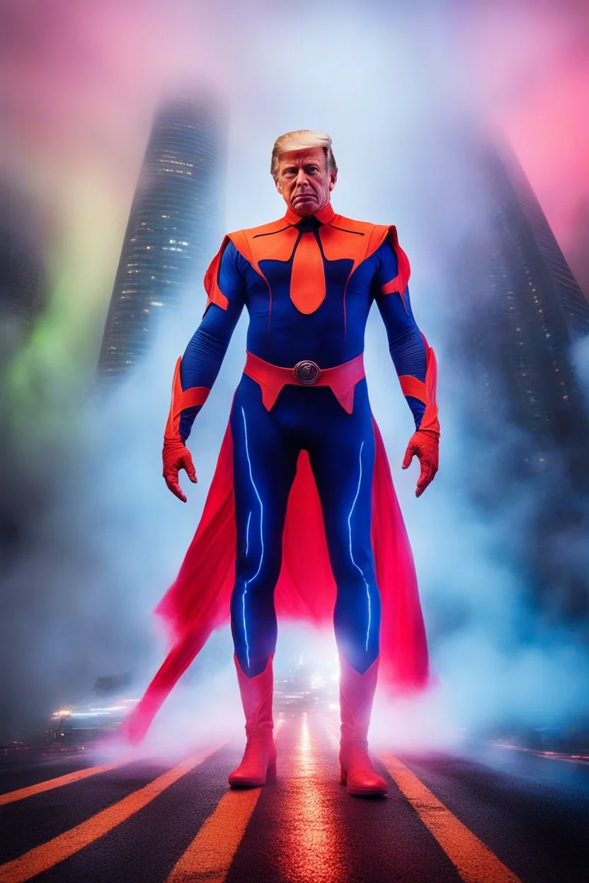 Extremely Muscular, Donald Trump as 'Maga Man,' Extremely Muscular, overly exaggerated muscles, Skintight, formfitting bodysuit, cape, boots, Multicolored vortex, multicolored lightning, neon lit futuristic cityscape, mist, fog, speed, extremely overexaggerated musculature, "MAGA MAN"