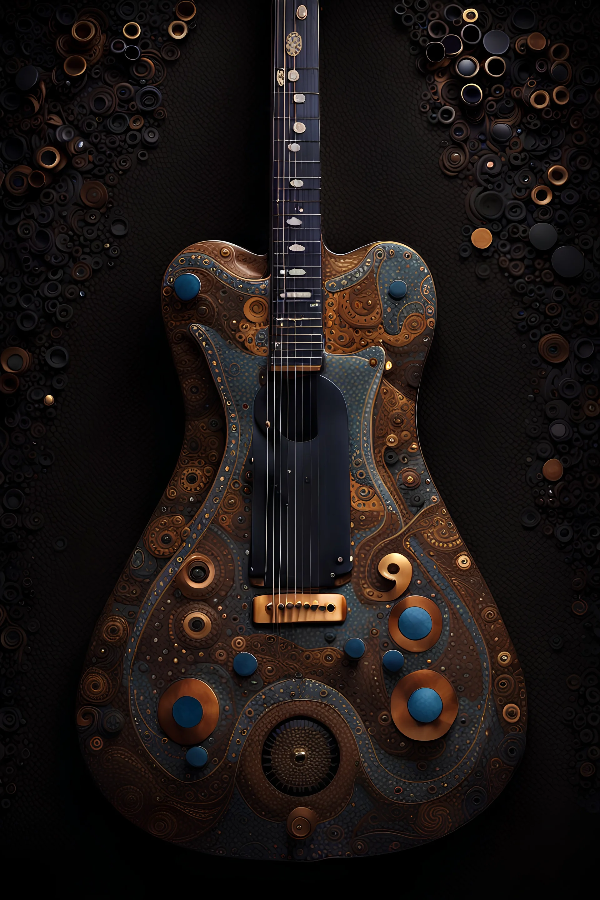 deep dark luminescence rich colors, reminiscent of abstract luxury, minimalist abstract pattern with dots and lines, clean with some abstract elements, with dark colors, trending on artstation, sharp focus, studio photo, intricate details, highly detailed, by Gustav Klimt, Make a picture of the guitar. The guitar must be electric. The guitar must be big. The guitar must be upright. . The guitar should have light notes on the back. The guitar should have a dream design. The guitar must have the s