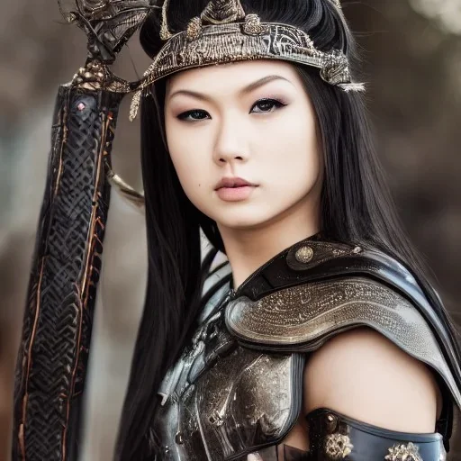 beautiful young asian queen with black leather studded armor, delicate black braided hair, glass eyes, highly detailed, 8k, ambient light, taylor swift