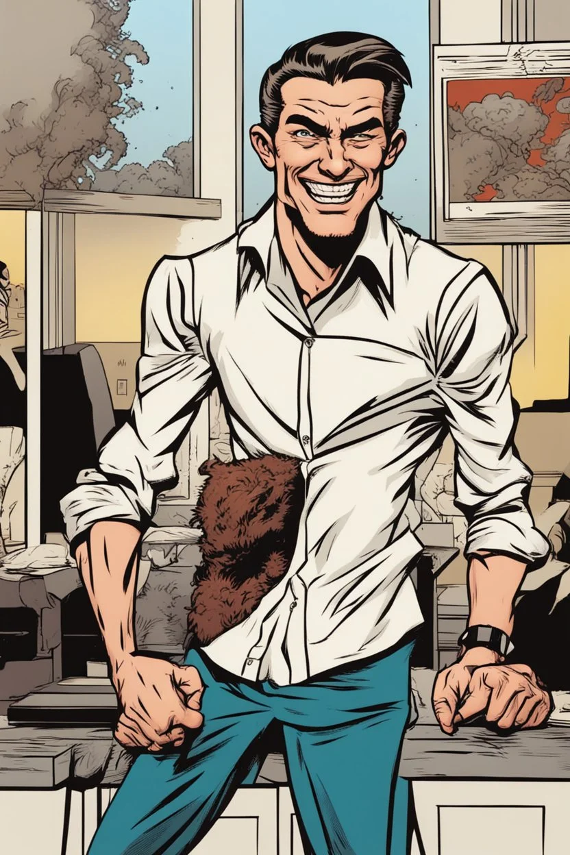 deranged grinning man with slicked back hair and stubble comic book style