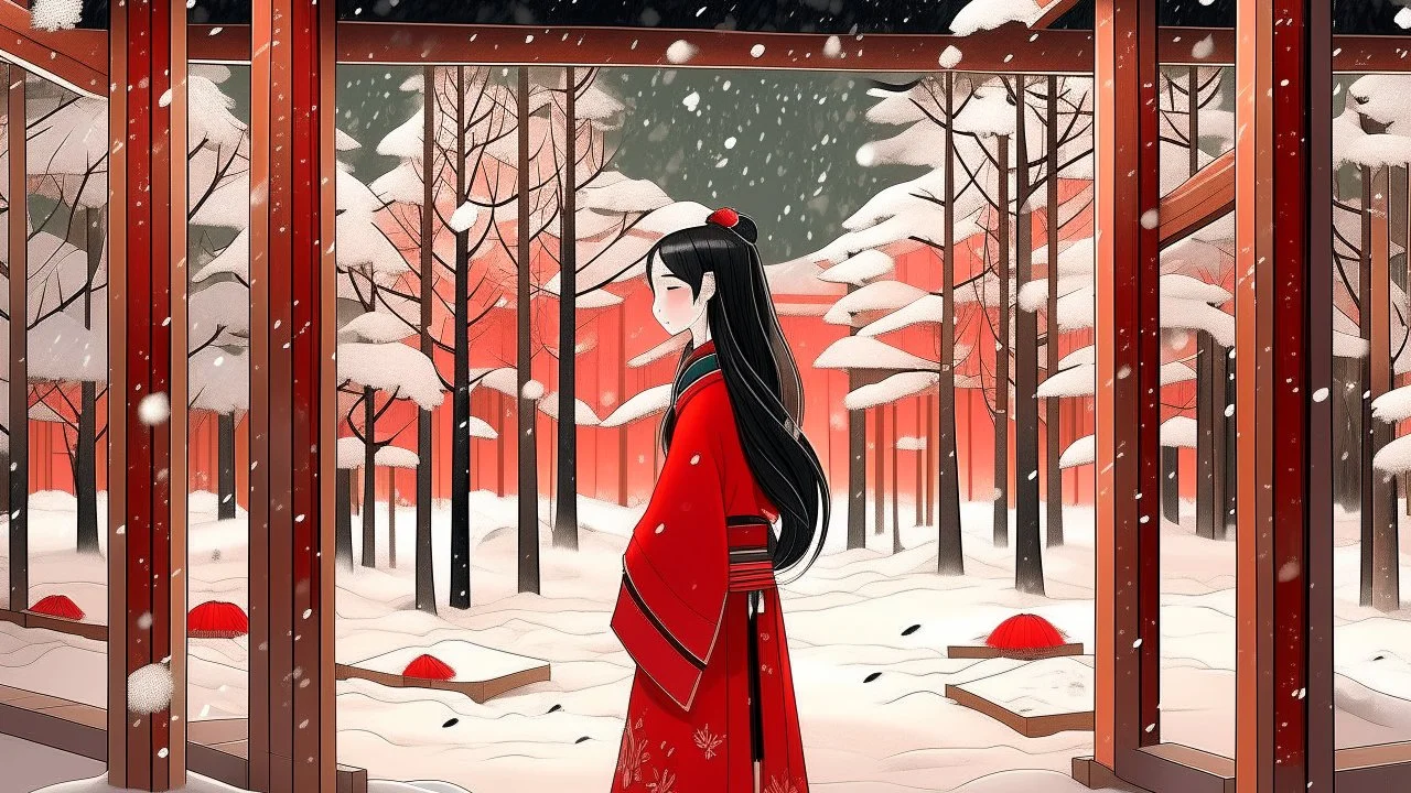A slender Asian woman with long, straight black hair, wearing a red kimono, standing in a serene forest of wooden cubes with paper-screen niches and windows, during a light snowfall in winter.