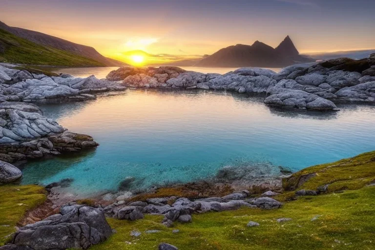 highly detailed glacial lake landscape, sunset, cinematic lighting, 4k, 8k, octane render, popular on 500px, pinterest, extremely detailed, ambient lighting, single frame, small fiberglass yellow solo symmetrical sea kayak on rock pebble beach in foreground, norway, iceland, fjord