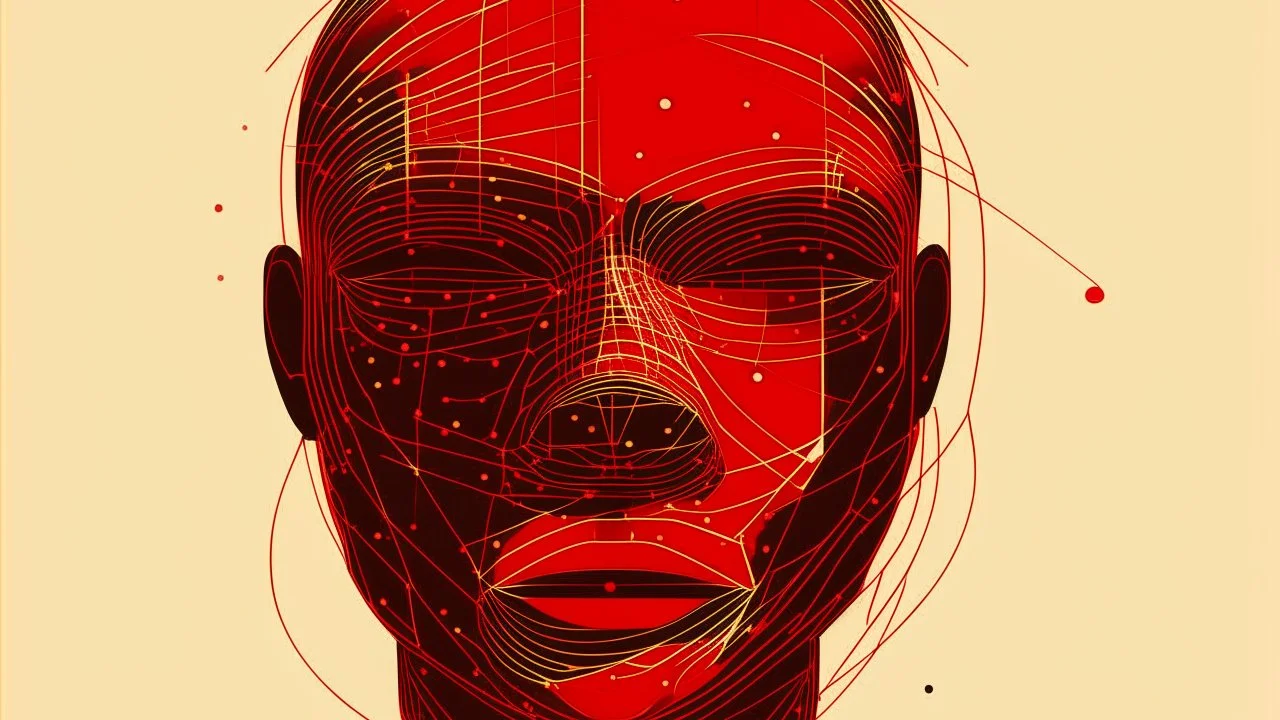 In an abstract and minimalist world, Minimalist portrait: a silhouette of an African face outlined in red and golden lines and dots,