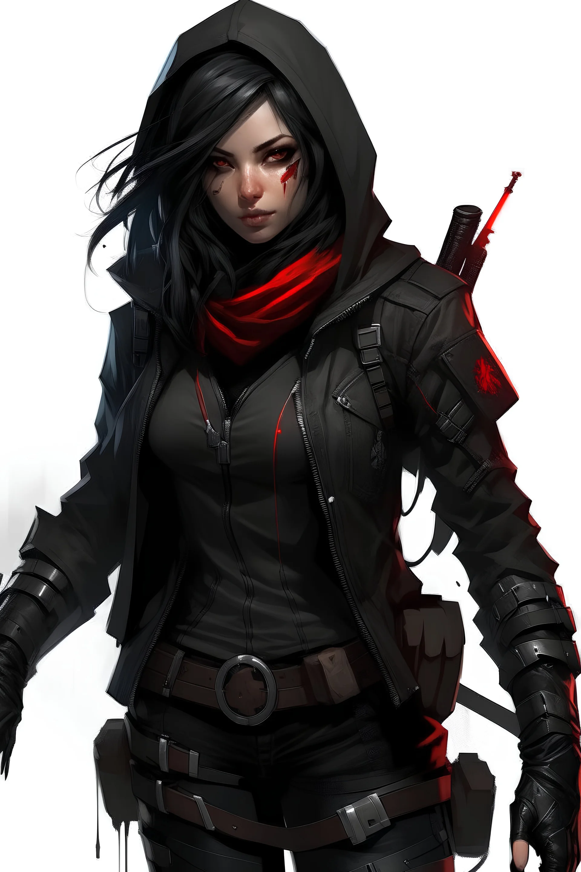 Light tan skin tone, female, age 20s, red eyes, black hair in a messy braid, black and grey hero costume, blood needles as weapon, black shoes, gloves on hands, carries guns on her hip, anti-hero, wears leather jacket with a hood