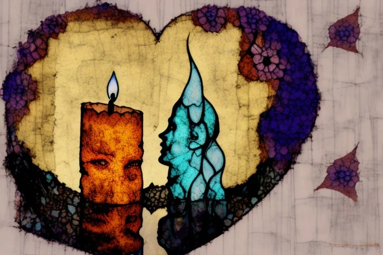 two flaming candles, heart and love caricature in ochre and hydrangeas, looking skyward in wonder, nostalgia, battery corrosion, starry sky, garden, Mercury Glass patina, topographic lines, Art Brut, moody, somber, desaturated colors, in the style of Paul Klee, Arthur Rackham double exposure waterfall, reflection, sunrise, Misty morning smooth intricate high definition beautiful lighting pencil sketch watercolor polished warm light