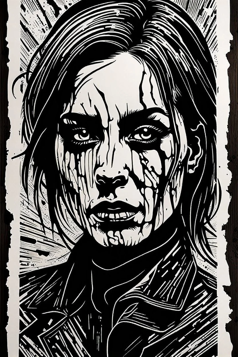 create an abstract, deeply powerful tragic and evocative, full body woodcut of a raw and weathered gothpunk female with highly detailed and deeply cut facial features, lost in a horrific post apocalyptic world, in the style of KATHE KOLLWITZ , searing lines and forceful strokes