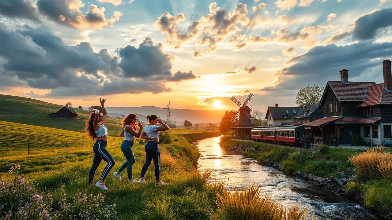 a group of young ladies in sports pants and blouse are dancing to camera in village over high grassy hills,a small fall and river and wild flowers at river sides, trees houses ,next to Ripe wheat ready for harvest farm,windmill ,a pretty train is leaving station along river,a few village local shops ,cloudy sun set sky