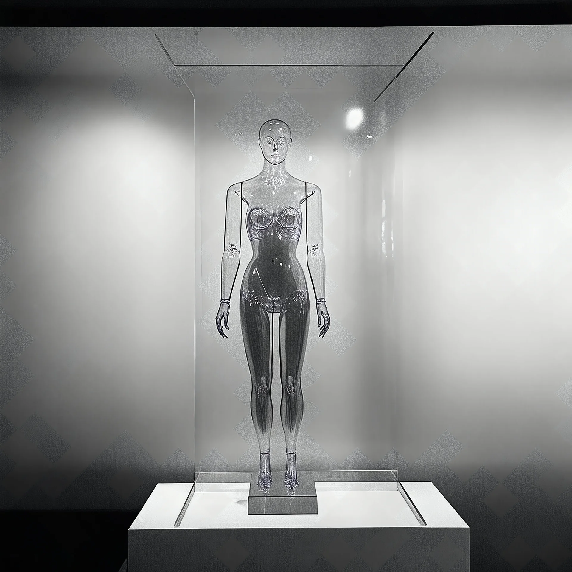 a transparent display mannequin in the 20s