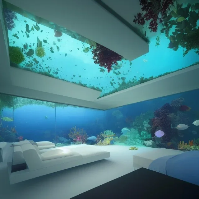 a gorgeous, stunning underwater room with glass wall, white cushions, dark wood, foliage, ocean marine life, 8k resolution, high-quality, fine-detail, iridescent, intricate, digital art, detailed matte, volumetric lighting, illustration, 3D octane render, brian froud, howard lyon, selina french, anna dittmann, annie stokes, lisa parker, greg rutowski, George Grie, Ben Goossens, Igor Morski