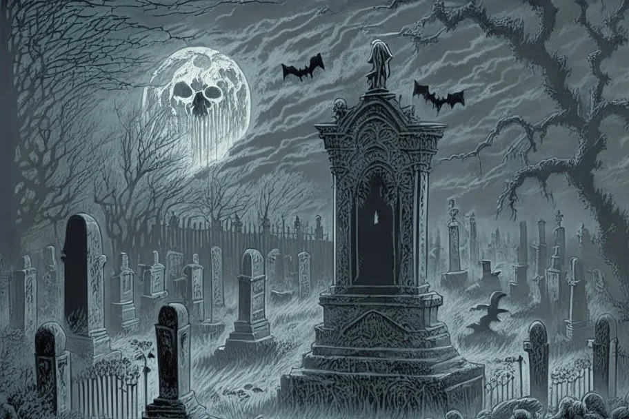 Cemetery with a ghostly figure looming over the scene, hauntingly beautiful, intricately detailed, monochromatic color scheme, dark and ominous