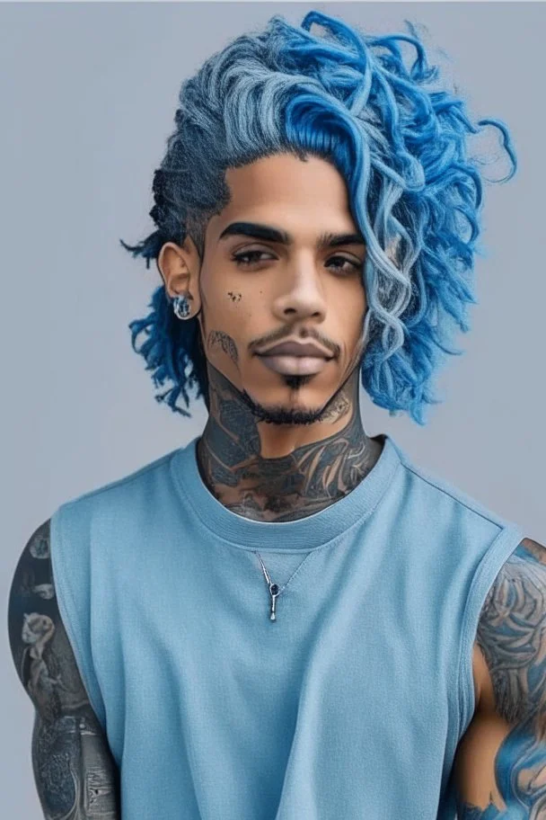 longish light blue wavy hair, brown skin, grey eyes, tattoos, black turtle neck clothing, hispanic