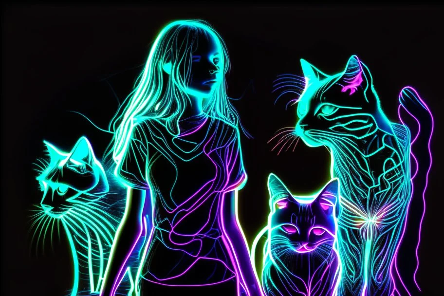 black background, outlines of a holographic girl and cats drawn from thin neon-coloured glowing lines