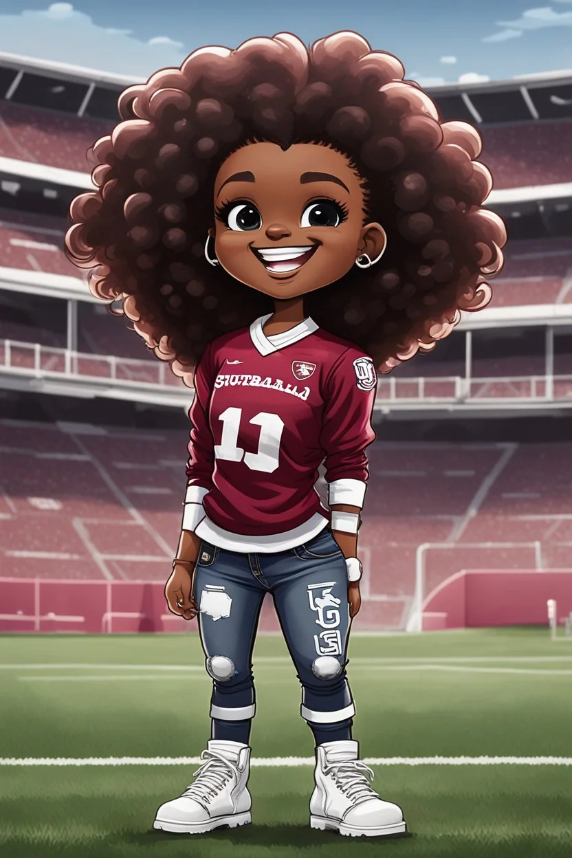 A sassy thick-lined airbrush cartoon image of a black chibi girl standing in front of a football stadium. She is wearing a University of South Carolina football jersey with tight white jeans and timberland boots. behind her curvy body. Looking up coyly, she grins widely, showing sharp teeth. Her poofy hair forms a mane framing her confident, regal expression. Prominent maekup with hazel eyes. Hair is highly detailed.