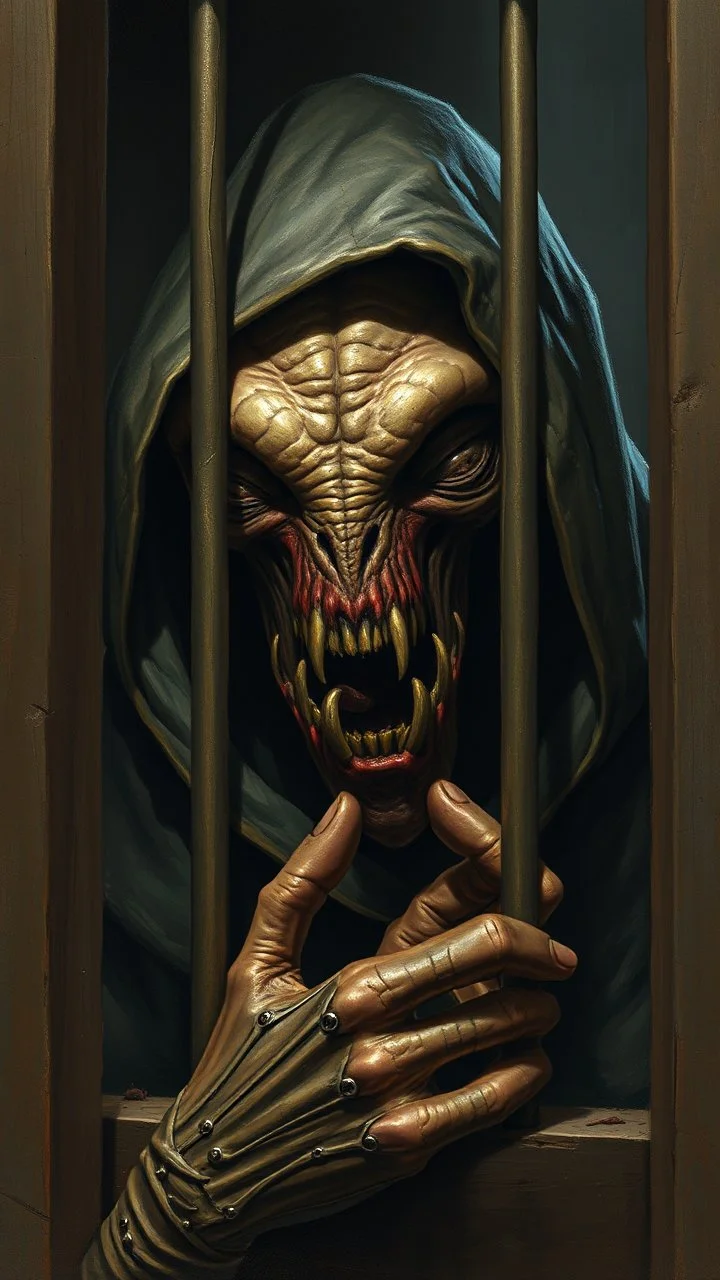 Bosch painting style nightmares, a scary alien creature with hood screaming and locked in behind bars , in dark prison environment with dim lights like 1800 prisons .