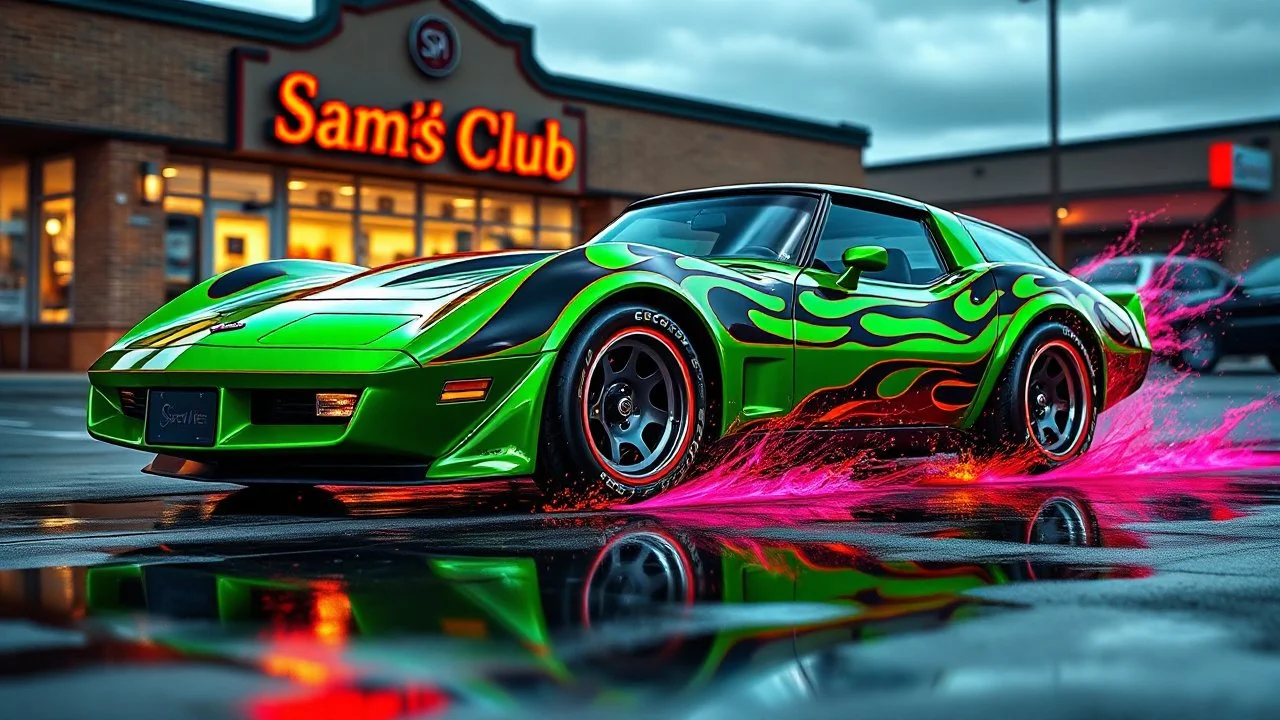 suped up 1979 corvette stationwagon green with black flames outlined with a thin red pinstripe, in front of Sam's club, SuperSport car, impressive, VIP, award winning, detailed a colorful splash of steampunk bubbles , amazing splashscreen artwork, photoshop water art, liquid painting, swirling paint colors, ink splash, physics splashes of colors, colorful swirls of paint, paint splashes, swirling paint, painting of splashing water, splashes of liquid, cgsociety saturated colors,