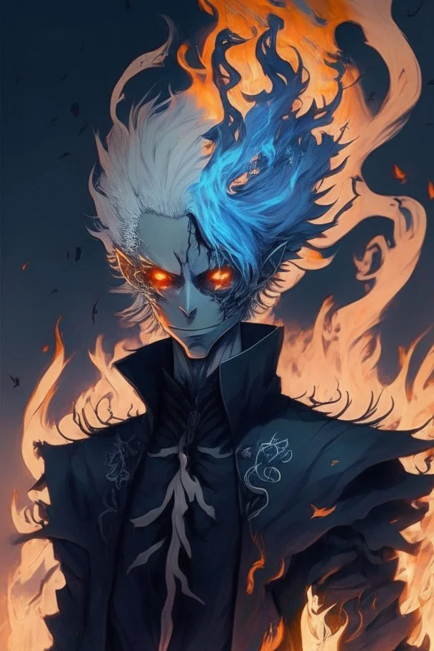 Anime with wight hair and black clothes and power fire