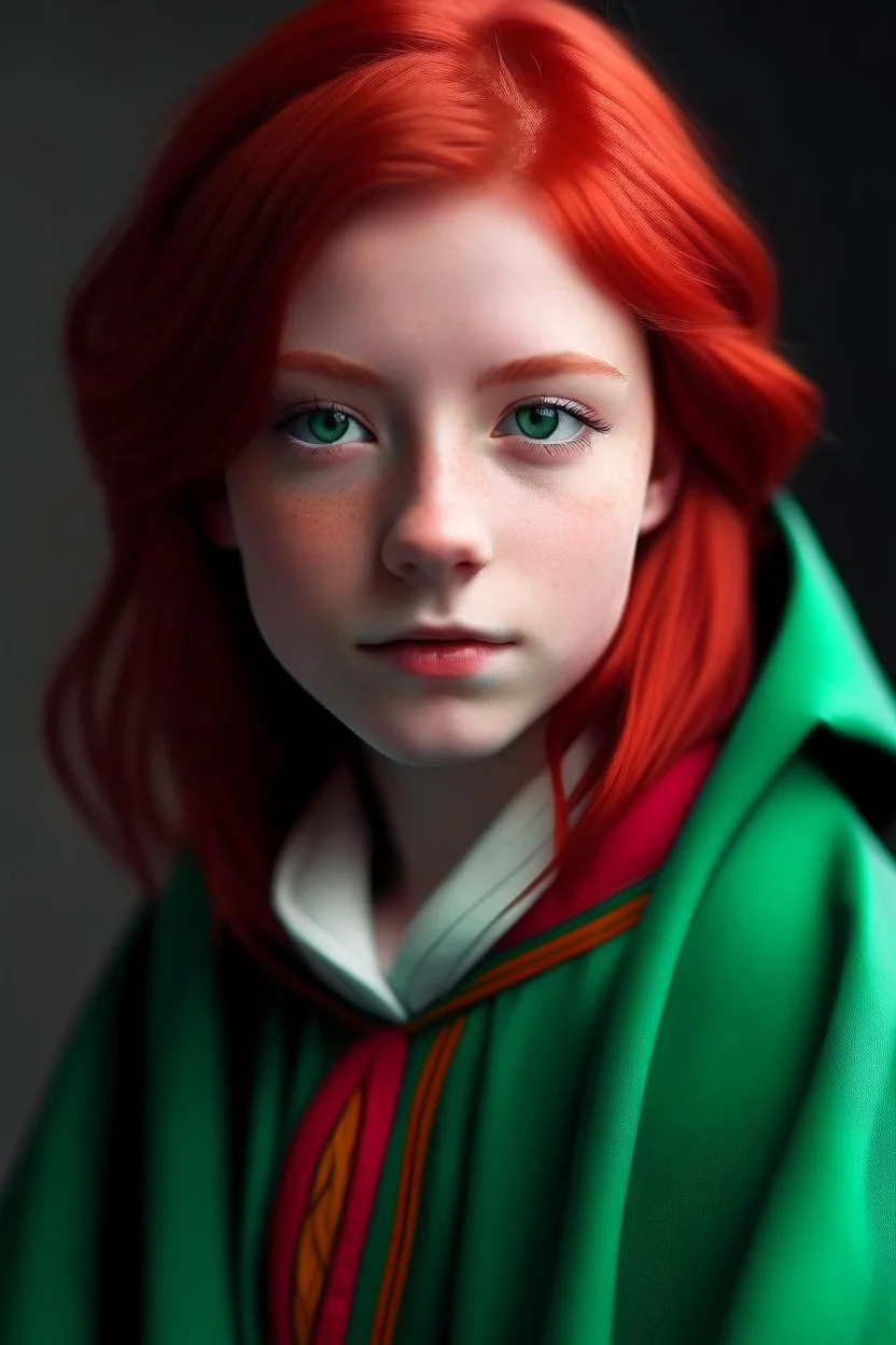 A girl with red hair and green eyes and she is wearing a Hogwarts robe