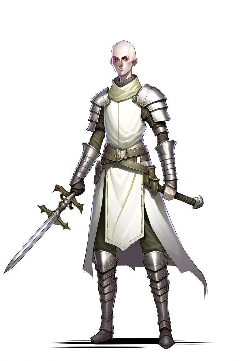 full length, tall 22-year old, shaved head, grey-eyed female cleric with a wearing scale mail