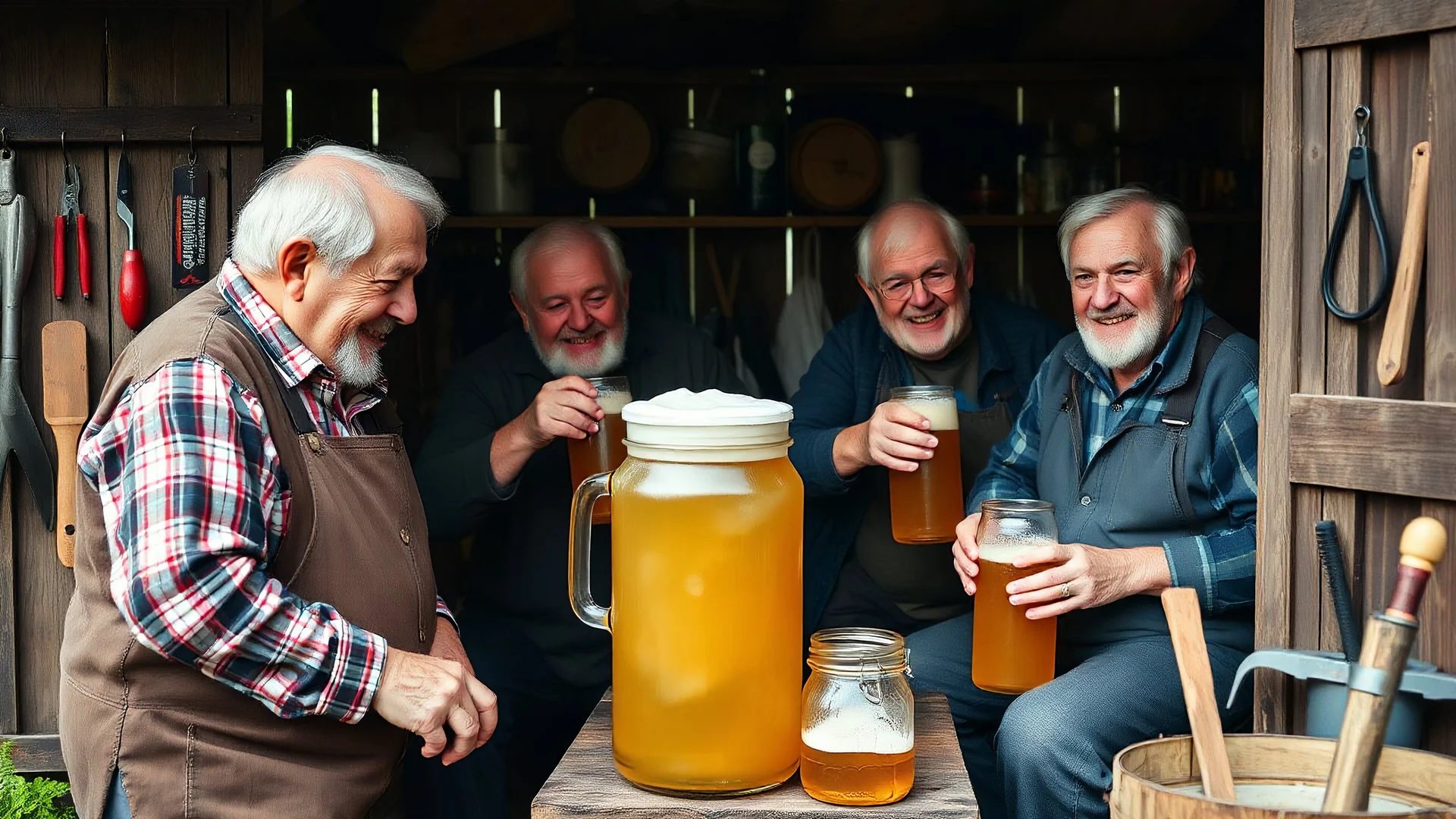 Elderly pensioners on making several gallons of beer in the garden shed. Gardening tools, beermaking equipment, DIY items are stored in the shed. Everyone is happy. Photographic quality and detail, award-winning image, beautiful composition.