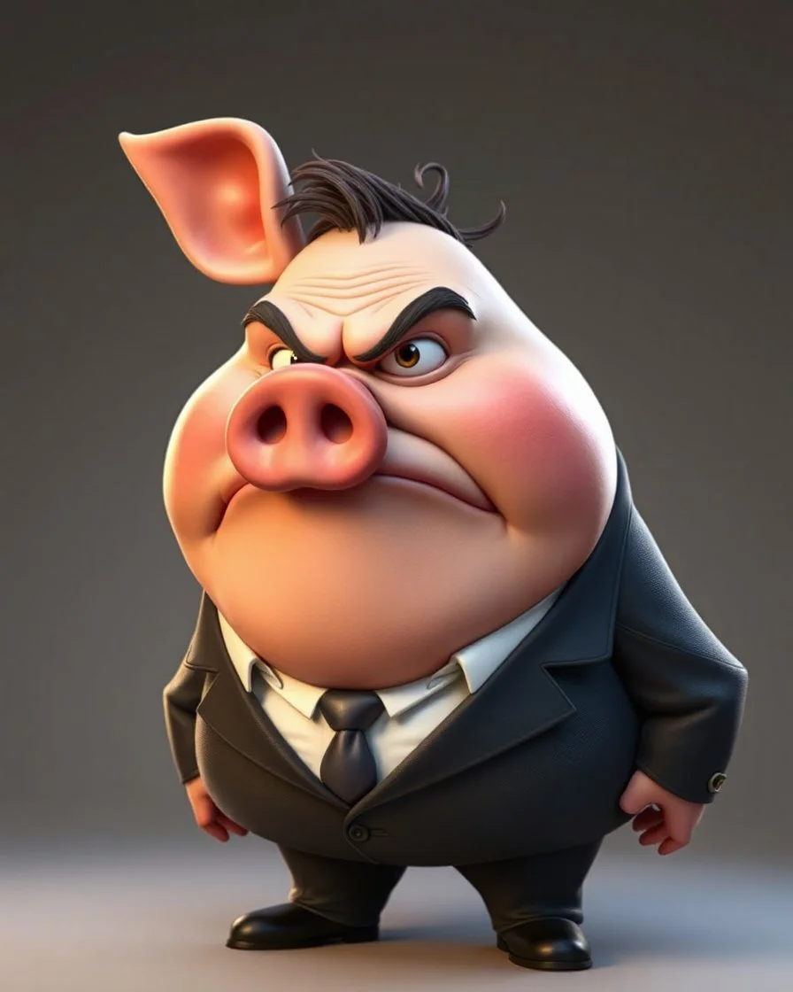 An 3D image of a comic character of Iván Duque Márquez, fat, with a pig's nose and ears, in a suit, a little angry.