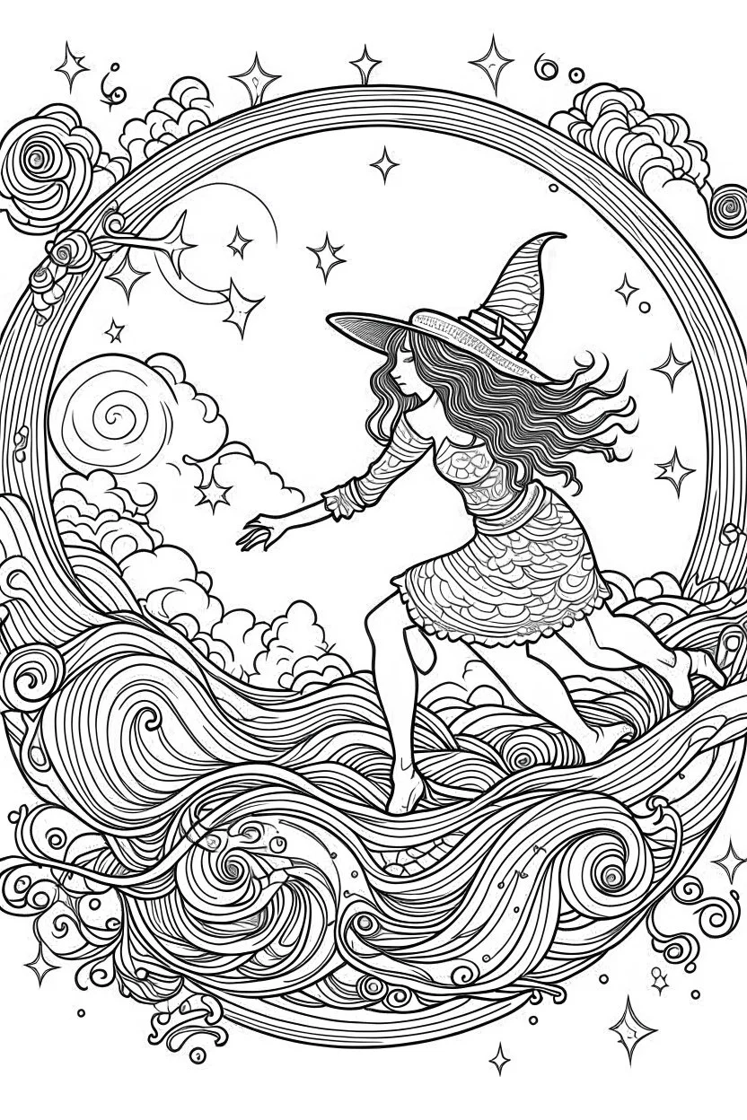 A witch flying on her broomstick across a starry night sky. . Outline, sketch style, only use outline, mandala style, clean line art, white background, no shadows, no clear wall, coloring page.