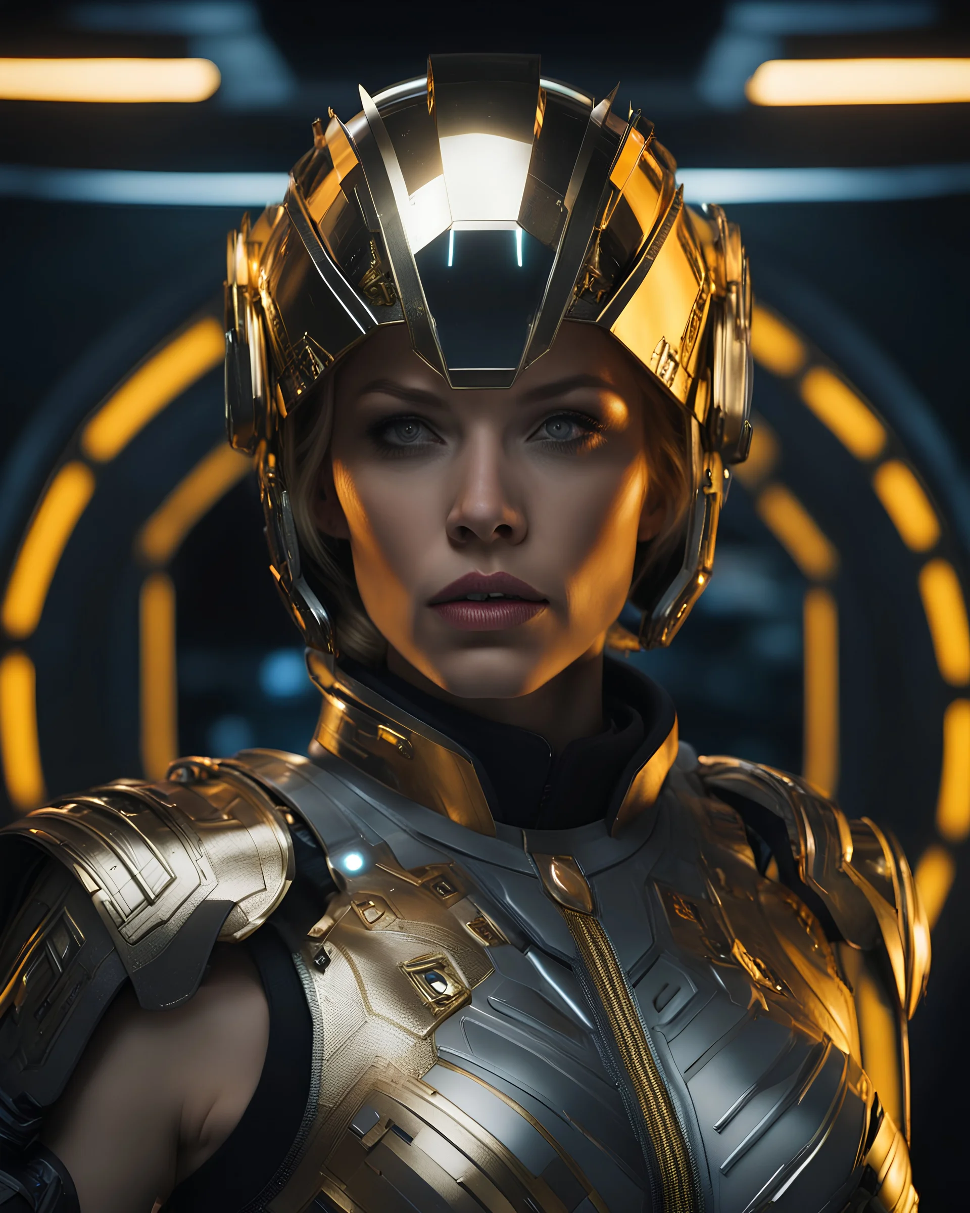 Katheryn winnick with blond hair, intense golden red eyes, wearing Cyberpunk clothes,space helm cover her face uniform with her arms made of metal, against a dark background of inside a space station at night. detailed-eyes, details-face, details-lips,LuxuriousNeons Costume, silver dress,tape_clothes,tape,upshirt