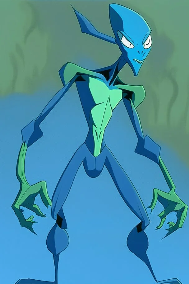 This new alien from the Ben 10 cartoon looks like an alien with an advanced and amazing appearance. He is distinguished by his slender and flexible body, which indicates his high alien capabilities. His skin appears light blue, adding to his feral character