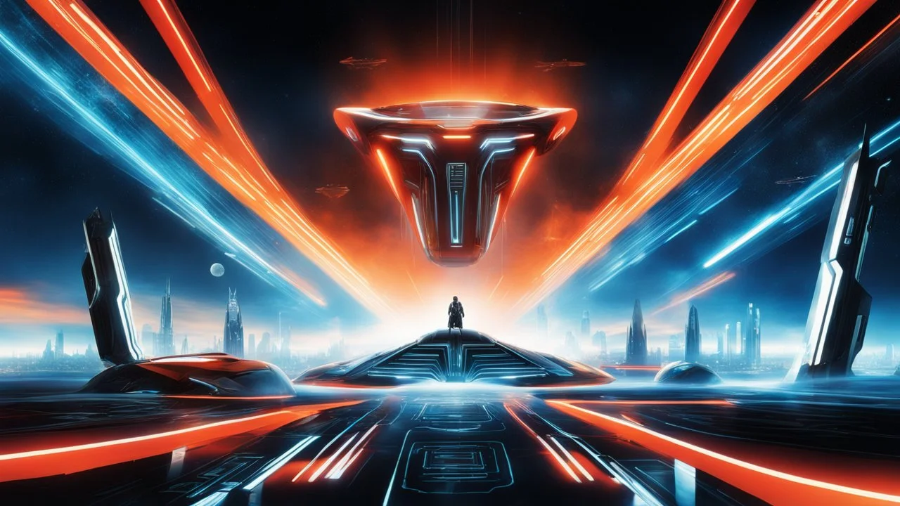 tron legacy movie, city of lights blue, red and orange, programs, space ships, clouds,