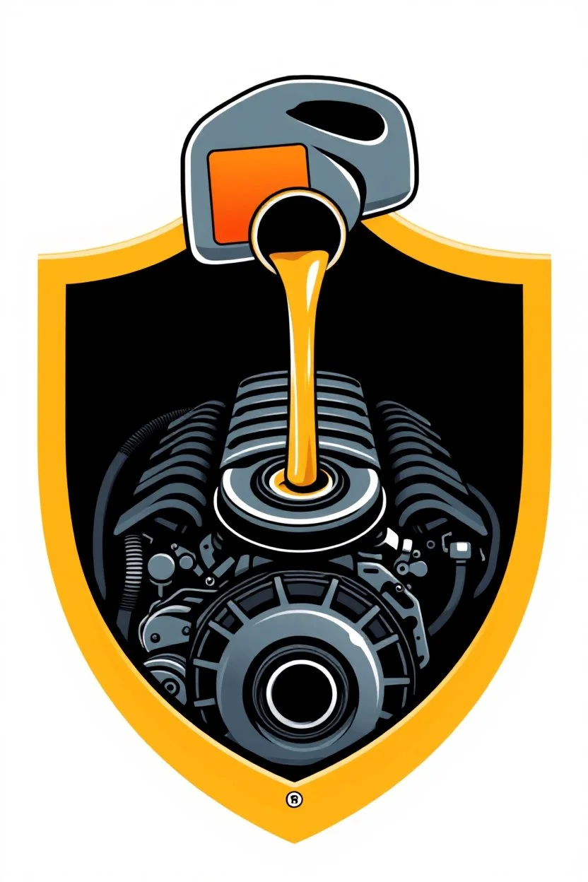 inside a parks shield shape, front of a car engine icon with fan and belts, with a 1litre oil bottle above pouring oil into oil hole of the engine, vector illustration