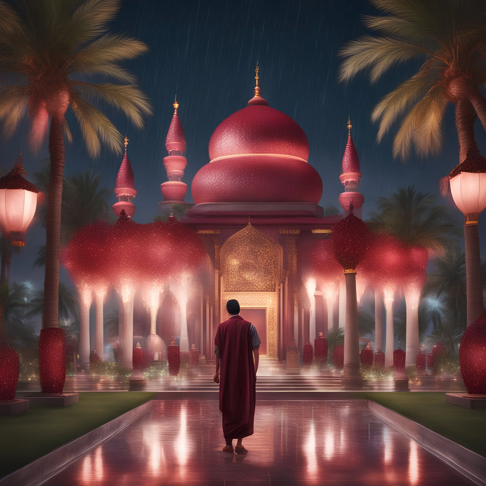 Hyper Realistic people outside beautiful maroon decorated mosque with garland lights & sky lanterns at rainy night with palm trees, grass patches & water fountains