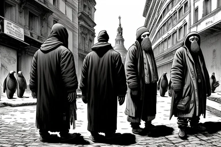 A group mature homeless huge penguins with worn out clothes, standing in a corner on the street, holding wine bottles in their wings , Vienna, mourning, model style, hyper realistic, extremely accurate, delicate, extremely detailed, Graphic novel style, wide-angle, open aperture, superfine pencil