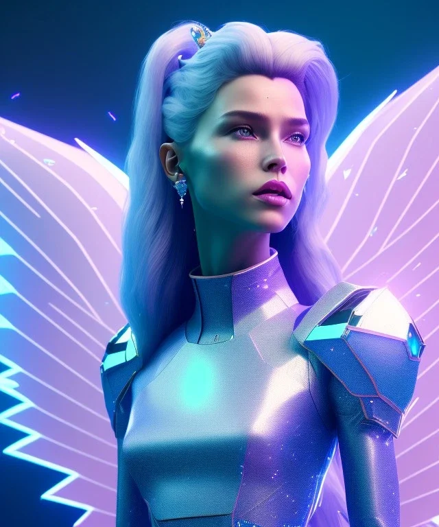 A crystalised queen, atmospheric, realistic, unreal engine, cinematic lighting, octane render. blue, pink, transparency, light, shine,bright, full body, transparent wings, blonde, long hair, nice smile