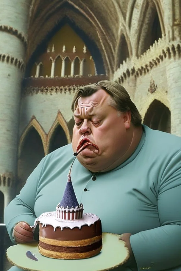 sad fat viktor orban eating cake in a castle