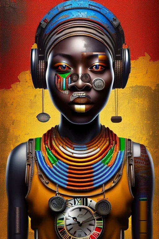 african portrait with rusted varied clocks on face, rust, scaffolding, ghana colours, cyberpunk, high detail