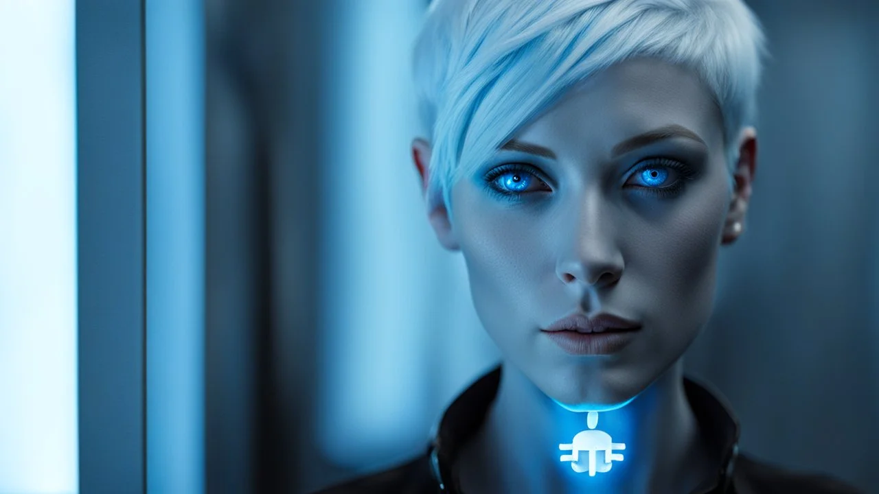 portrait of human android Anita, with a blue glowing tattoo on her neck: female, short white hair, neat hairstyle tied back, white albino skin, blue eyes, big eyes, freckles, nice, kind and friendly face