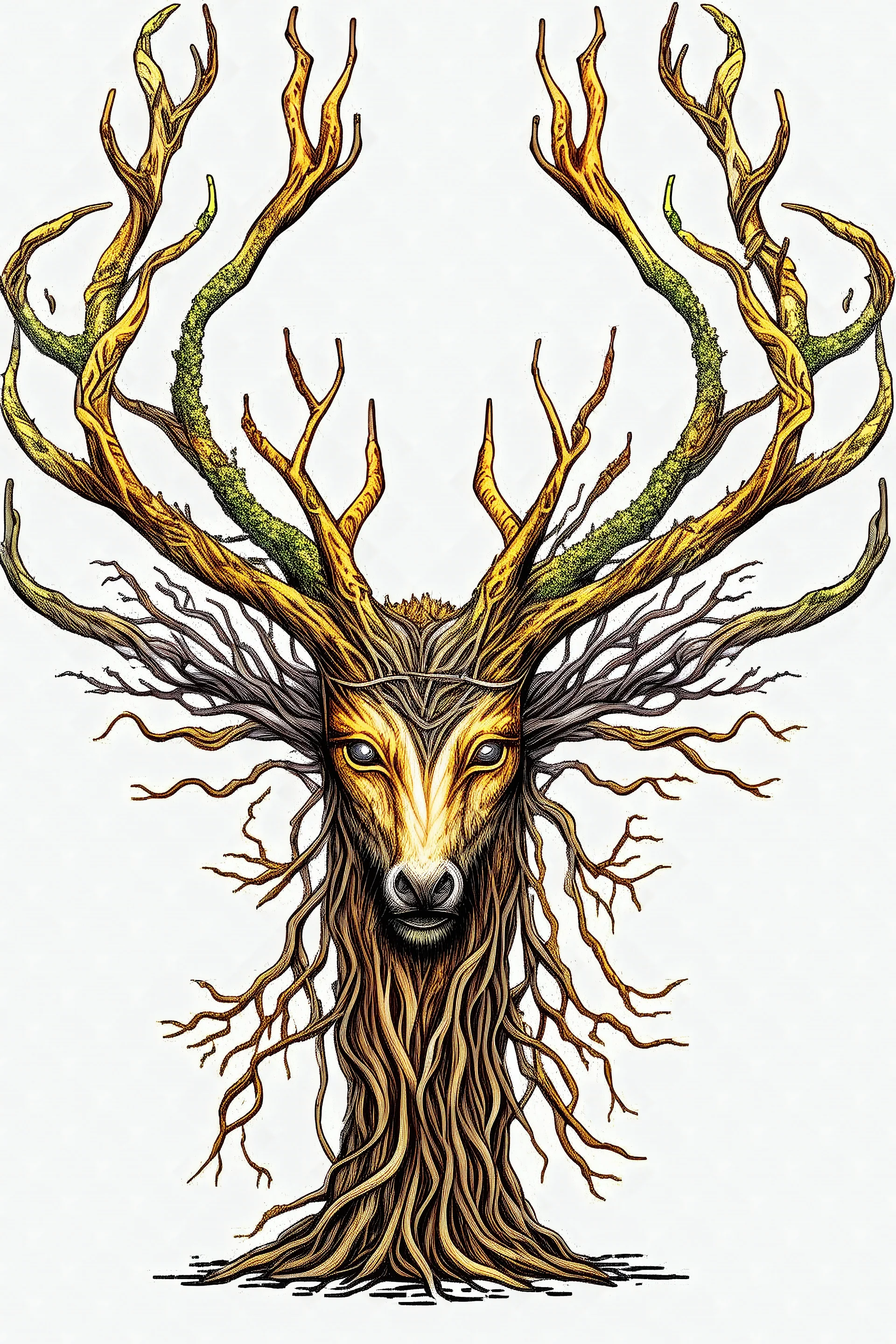 deer stag head made of tree roots and antlers made of tree branches. (very detailed, full view no crop), (white background). (vines, twigs, leaves). (monster, horror).