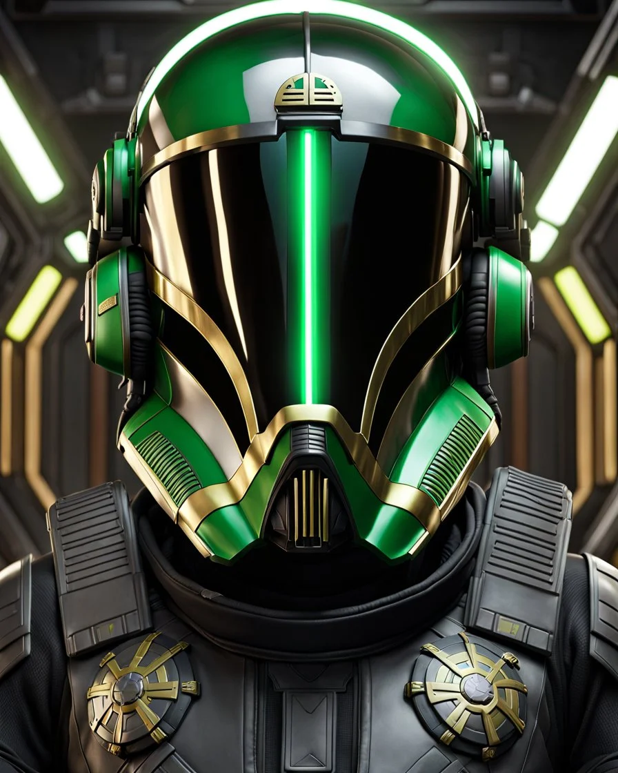 star wars bald male corellian pilot wearing black and bright gasoline green First Order special forces TIE pilot commando armored flightsuit and helmet with gold trim inside the jedi temple, centered head and shoulders portrait, hyperdetailed, dynamic lighting, hyperdetailed background, 8k resolution, volumetric lighting, light skin, fully symmetric details