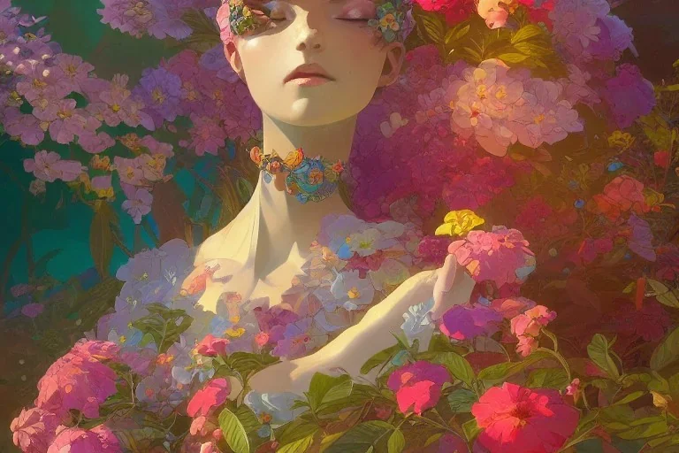 gardenia flowers, colorful, psychedelic, intricate, elegant, highly detailed, digital painting, artstation, concept art, smooth, sharp focus, greg rutkowski art and alphonse mucha, ghibli robot